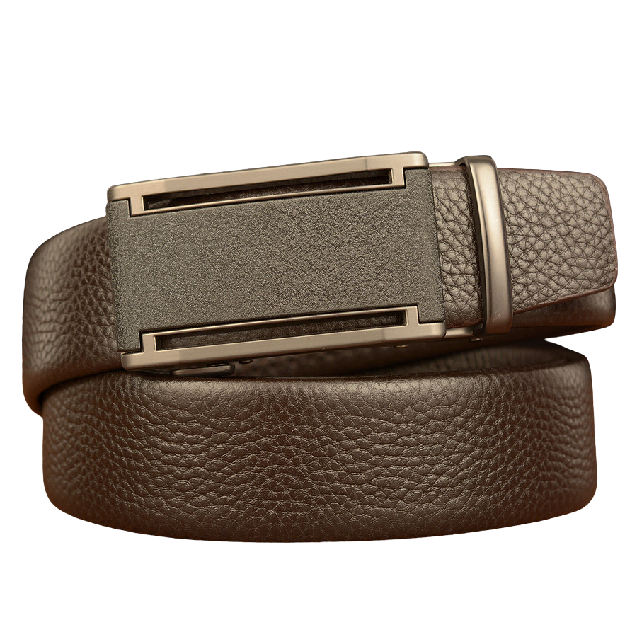 Ceinture homme Cannes 2 en cuir pleine fleur de vachette grainée couleur café avec boucle automatique rectangulaire argentée