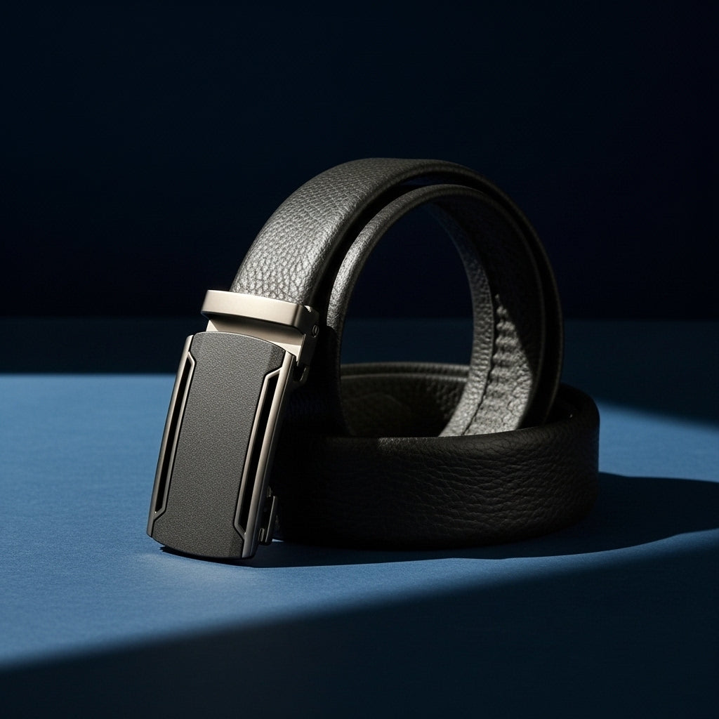 Ceinture homme Cannes 5 en cuir de vachette pleine fleur noir, avec boucle automatique rectangulaire argentée et lanière texturée grainée de 3,5 cm de large. #fullwidth