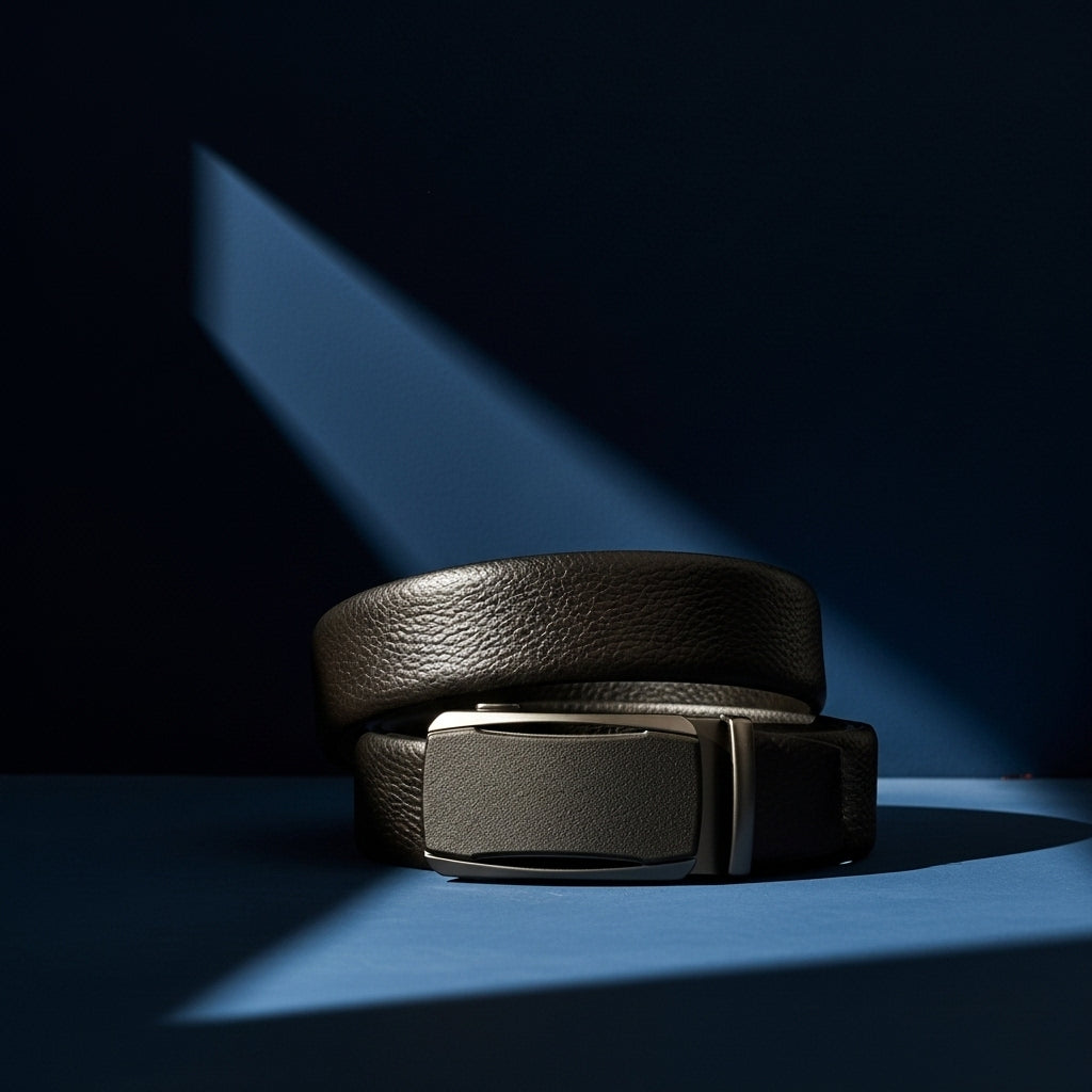 Ceinture Cannes 6 pour homme en cuir pleine fleur noir, avec une boucle automatique rectangulaire argentée et une lanière texturée grainée. #fullwidth