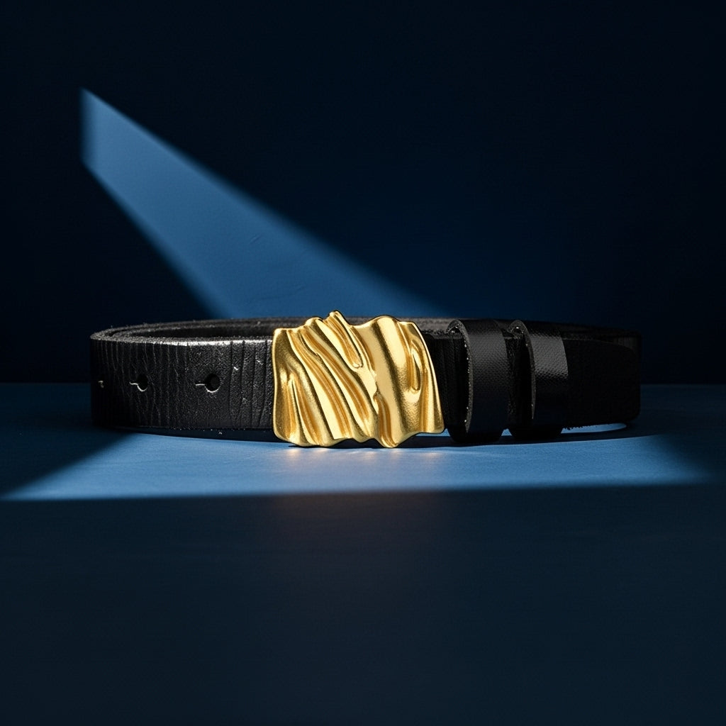 Ceinture femme Caresseuse en cuir pleine fleur noir avec une boucle dorée texturée et asymétrique effet plissé. #fullwidth