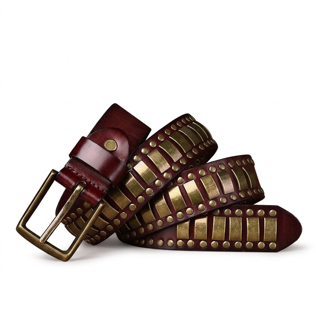Ceinture pour homme Carnac en cuir pleine fleur marron avec rivets métalliques et boucle ardillon vintage