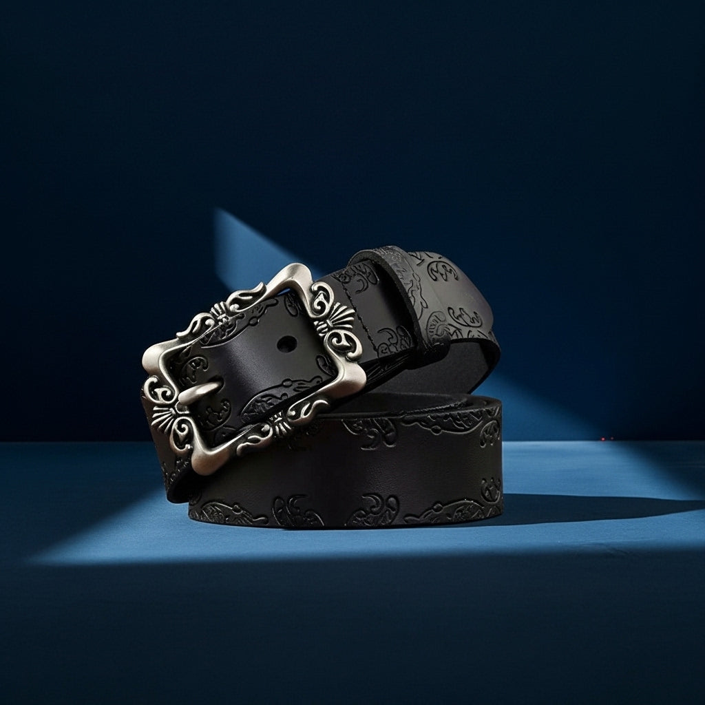 Ceinture noire pour femme Cassiene en simili cuir texturé avec motifs floraux et boucle ardillon argentée ornée de volutes, style rétro. #fullwidth