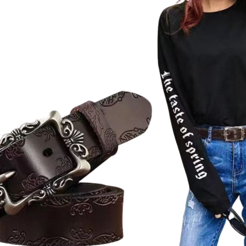 Ceinture pour femme Cassiene en simili cuir marron avec boucle ardillon argentée ornée et motifs gravés, boucle rectangulaire de style vintage.