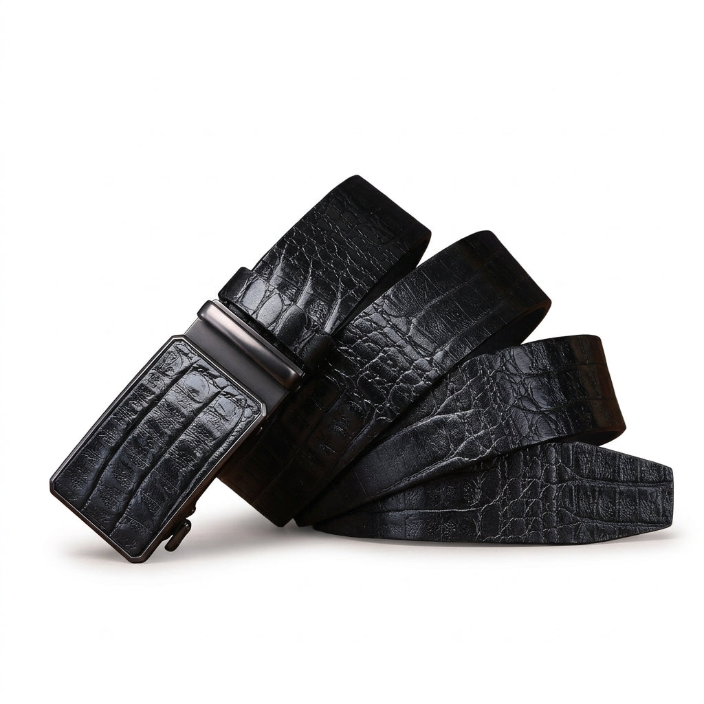 Ceinture homme Castiglione en cuir de vachette noir avec motif crocodile gaufré et boucle automatique rectangulaire argentée