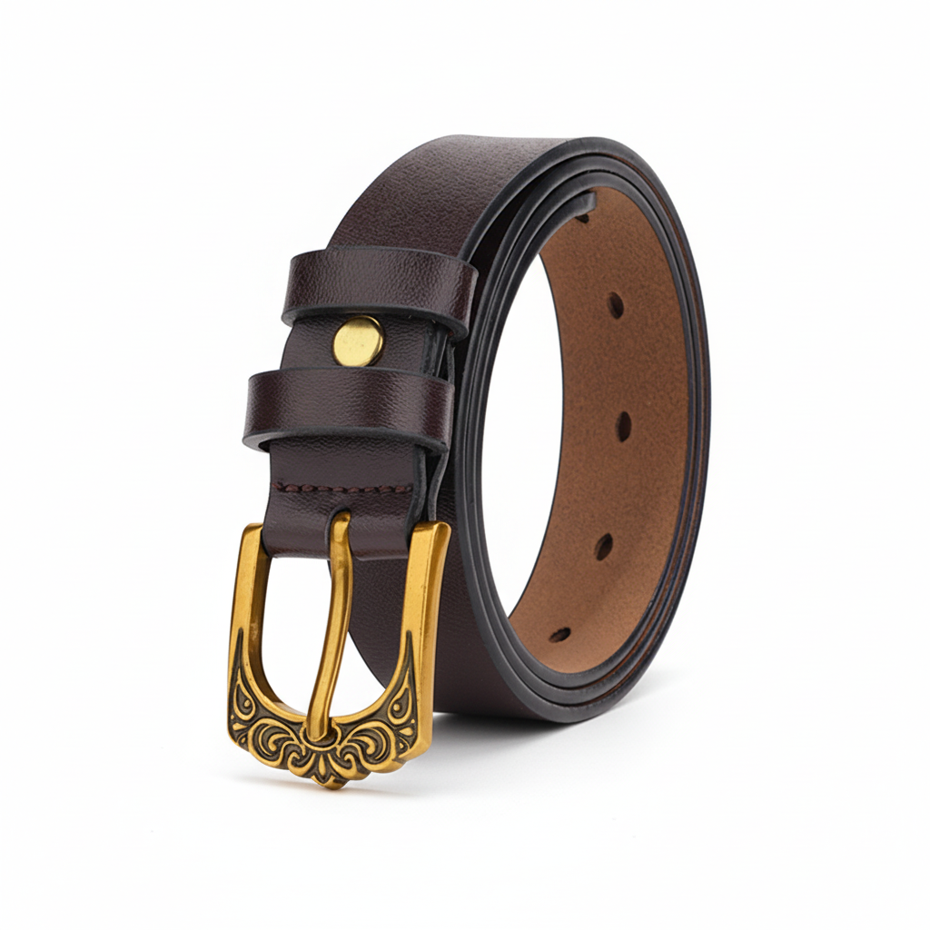 Ceinture Cécilia en cuir marron foncé avec boucle dorée gravée de motifs floraux.