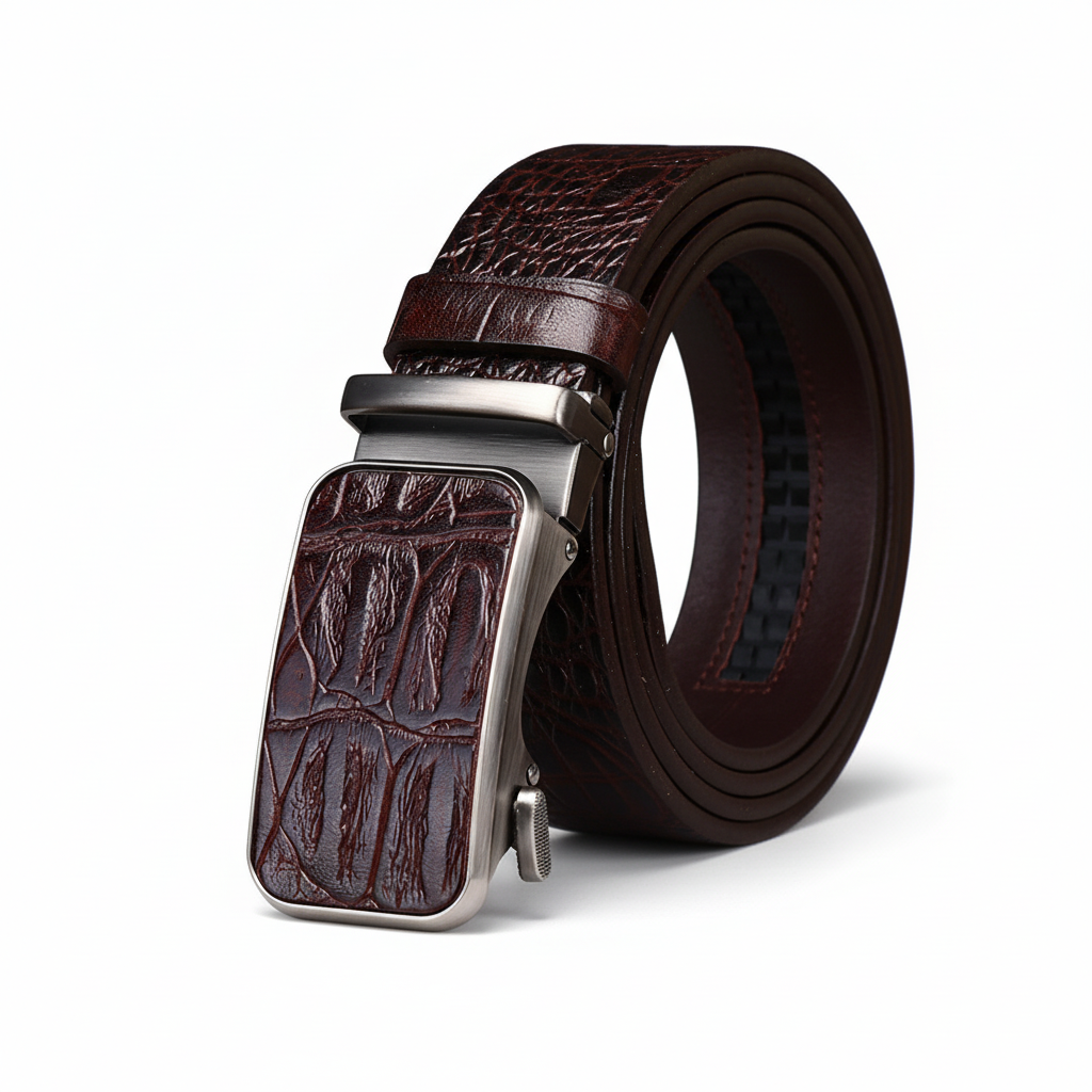 Ceinture Cédric en cuir de vachette marron à motif crocodile embossé, avec boucle automatique rectangulaire en alliage argenté.