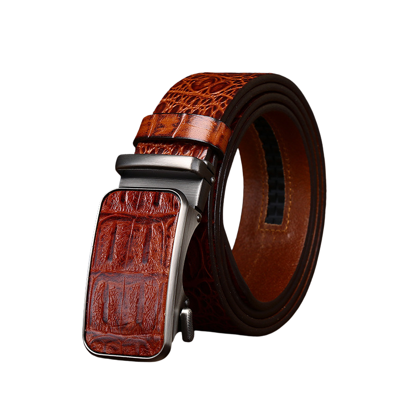 Ceinture Cédric homme en cuir de vachette marron avec motif crocodile embossé et boucle automatique rectangulaire argentée