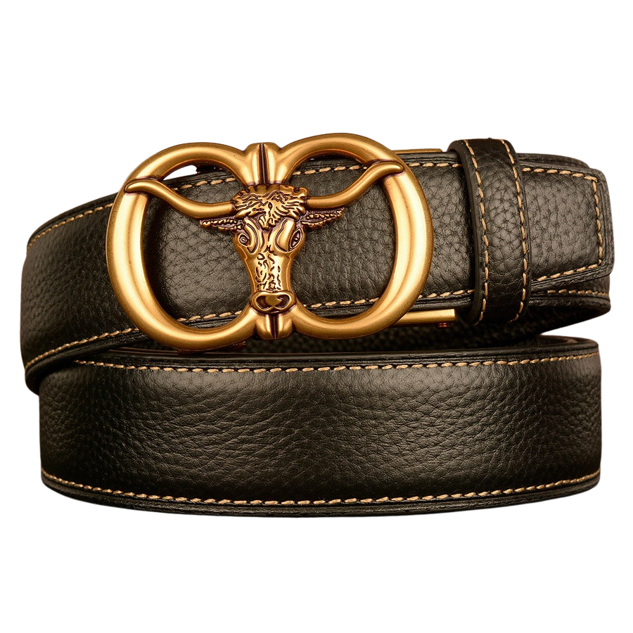 Ceinture homme Célestin 1 en cuir noir avec boucle automatique dorée ornée d'une tête de taureau stylisée