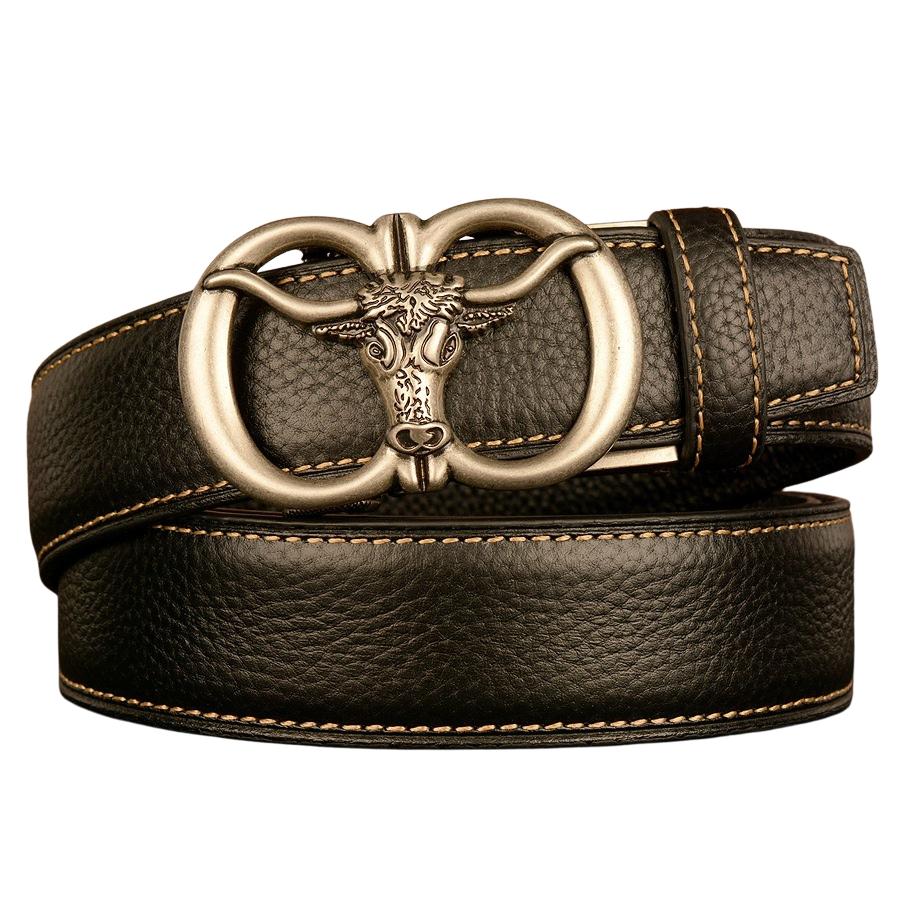 Ceinture homme Célestin 1 en cuir noir texturé avec boucle argentée ornée d'une tête de taureau stylisée.