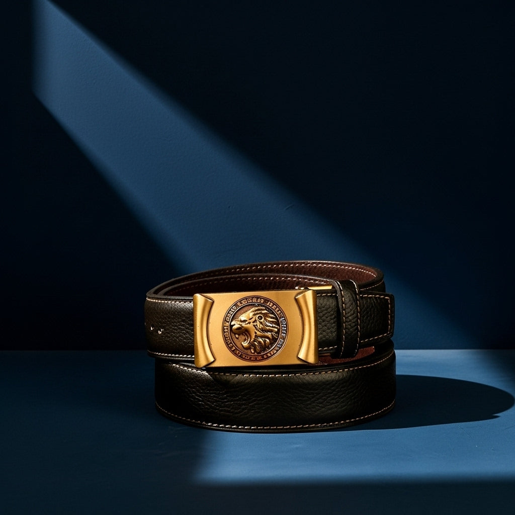 Ceinture homme Célestin 10 en cuir noir texturé avec boucle dorée ornée d'un lion et inscription, largeur 3,5 cm. #fullwidth