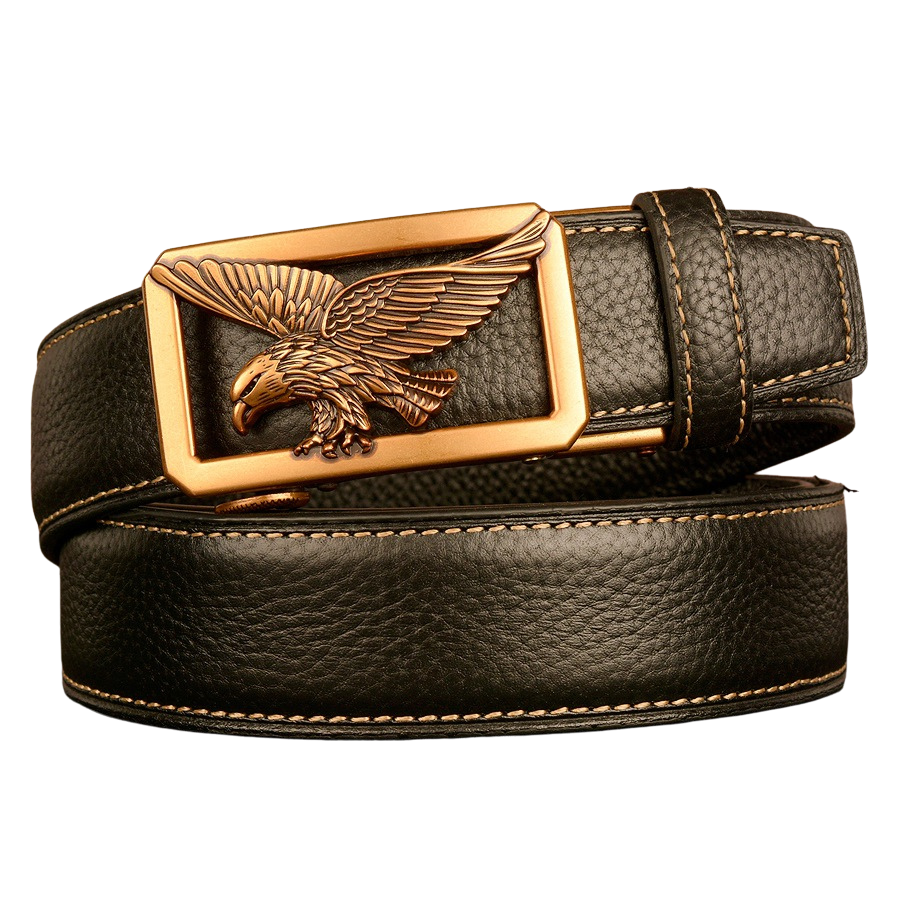 Ceinture homme Célestin 11 en cuir noir texturé avec boucle automatique dorée ornée d'un aigle en relief.