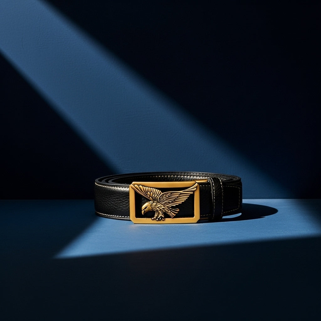 Ceinture homme Célestin 11 en cuir noir avec boucle automatique dorée ornée d'un aigle détaillé, aspect texturé, largeur 3,5 cm #fullwidth