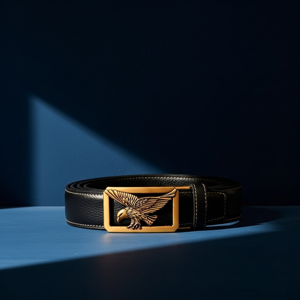 Ceinture homme Célestin 11 en cuir noir avec boucle automatique dorée ornée d'un aigle sculpté, finition texturée.#fullwidth