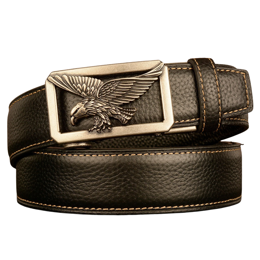 Ceinture homme Célestin 11 en cuir noir avec boucle argentée ornée d'un aigle majestueux, finition premium et couture apparente.