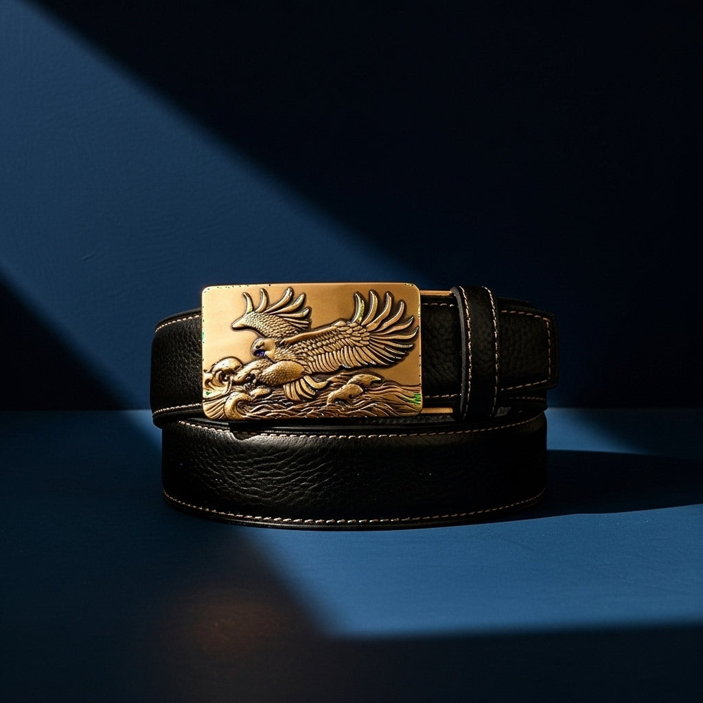 Ceinture homme Célestin 13 en cuir noir avec boucle automatique dorée ornée d'un aigle en plein vol. #fullwidth
