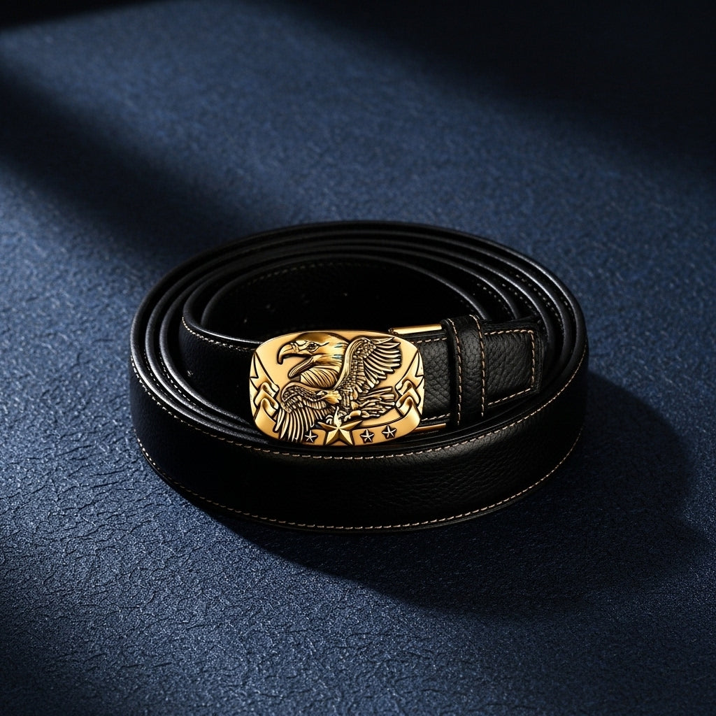 Ceinture homme Célestin 14 noire en cuir avec boucle dorée ornée d'un aigle et d'étoiles #fullwidth