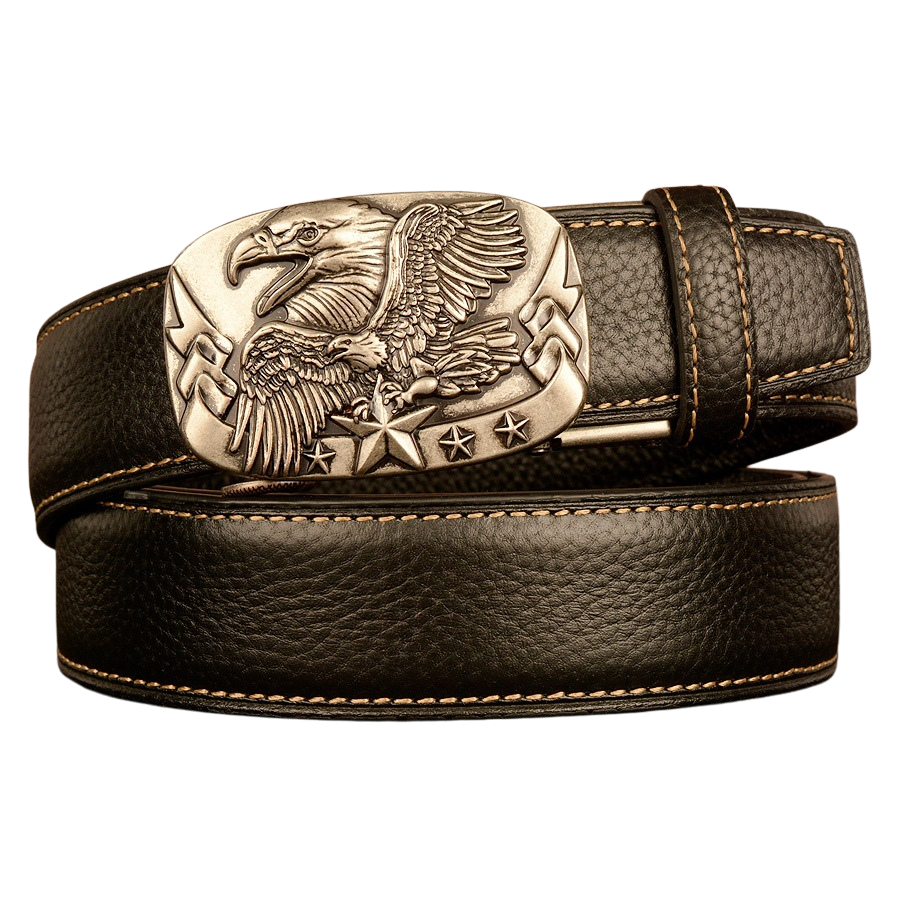 Ceinture homme Célestin 14 en cuir noir avec boucle argentée ornée d'un aigle sur fond noir
