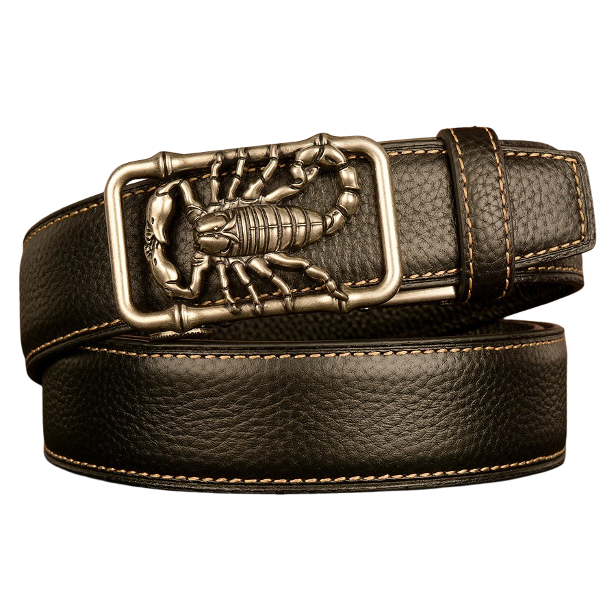 Ceinture homme Célestin 2 en cuir noir avec boucle argentée scorpion et finition texturée