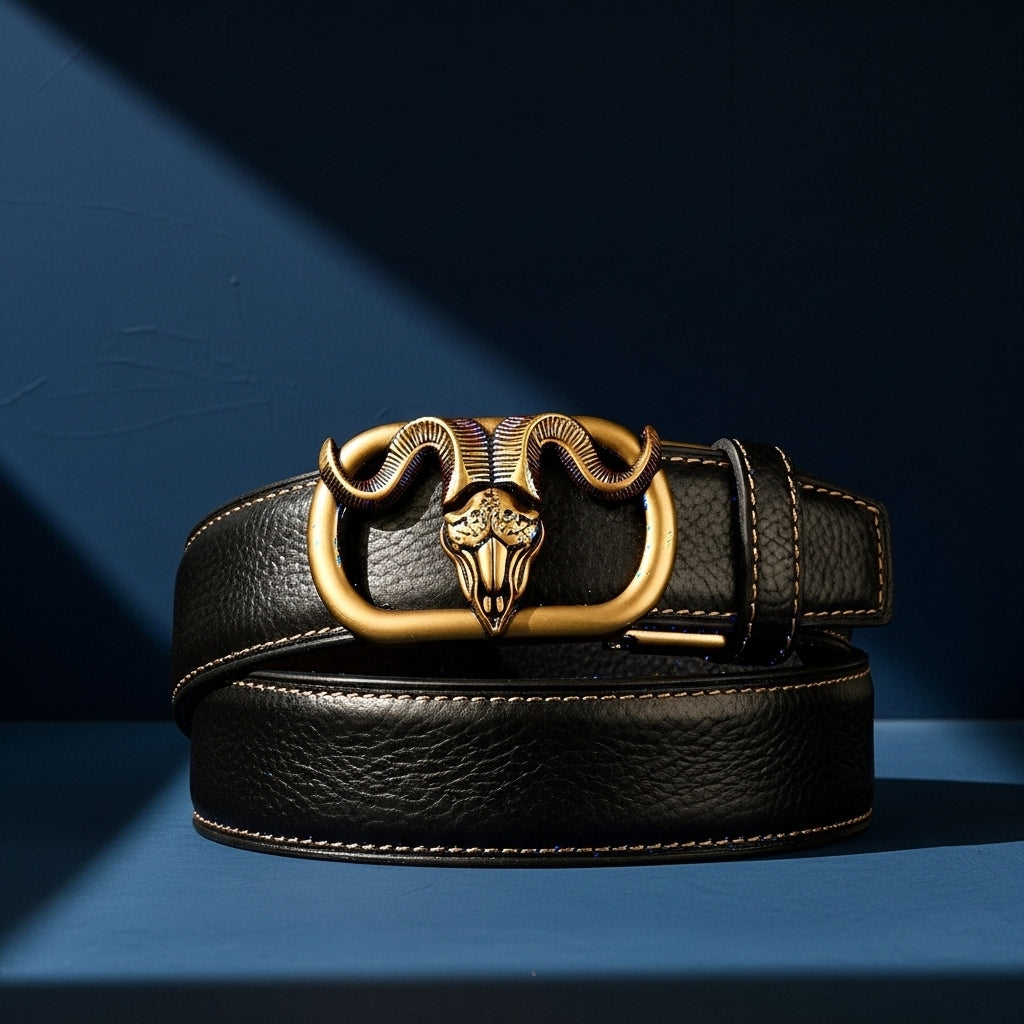Ceinture homme Célestin 3 en cuir noir avec une boucle dorée ornée d'une tête de bélier stylisée. #fullwidth