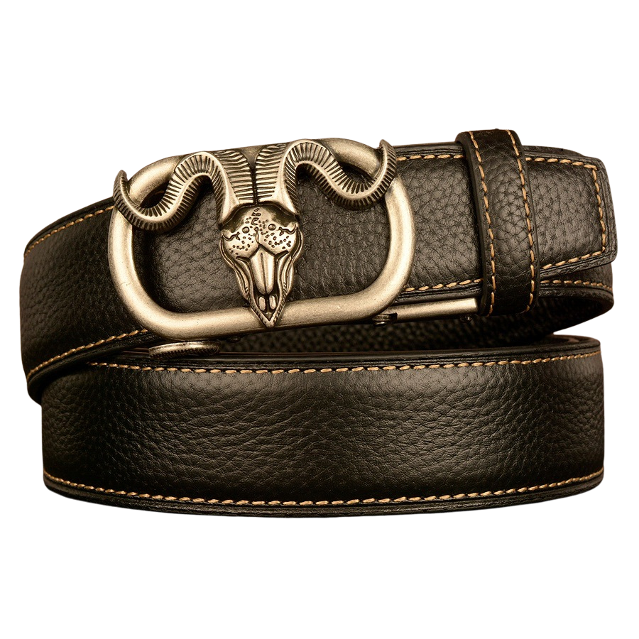 Ceinture homme Célestin 3 en cuir noir avec boucle argentée ornée d'une tête de bélier texturée et coutures contrastées.