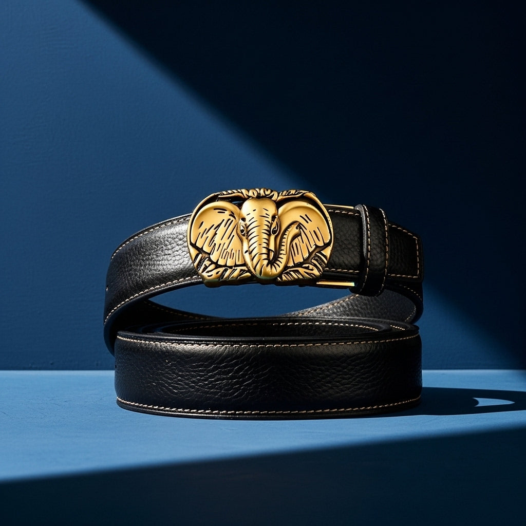 Ceinture homme Célestin 5 en cuir noir avec boucle plaquée or en forme d'éléphant texturé. #fullwidth