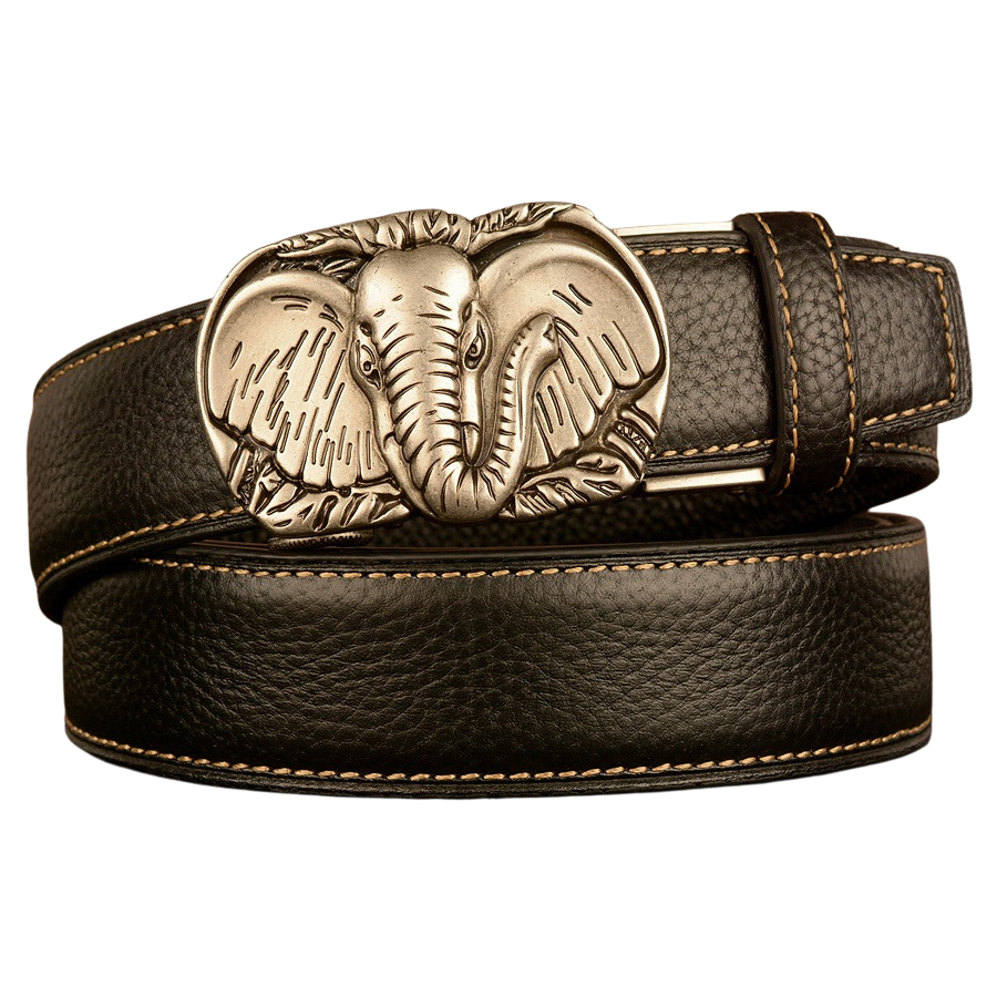 Ceinture homme Célestin 5 en cuir noir avec boucle argentée ornée d'une tête d'éléphant sculptée et coutures contrastées.