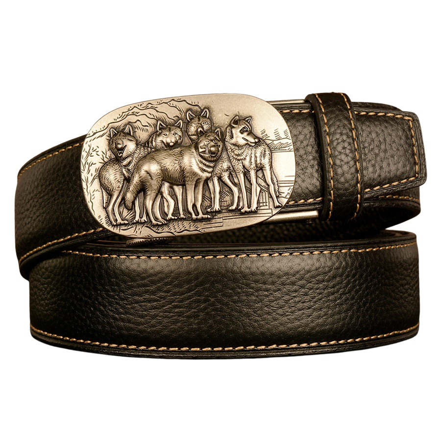 Ceinture homme Célestin 9 en cuir noir avec boucle argentée ornée d'un motif de loups stylisés et d'un paysage.