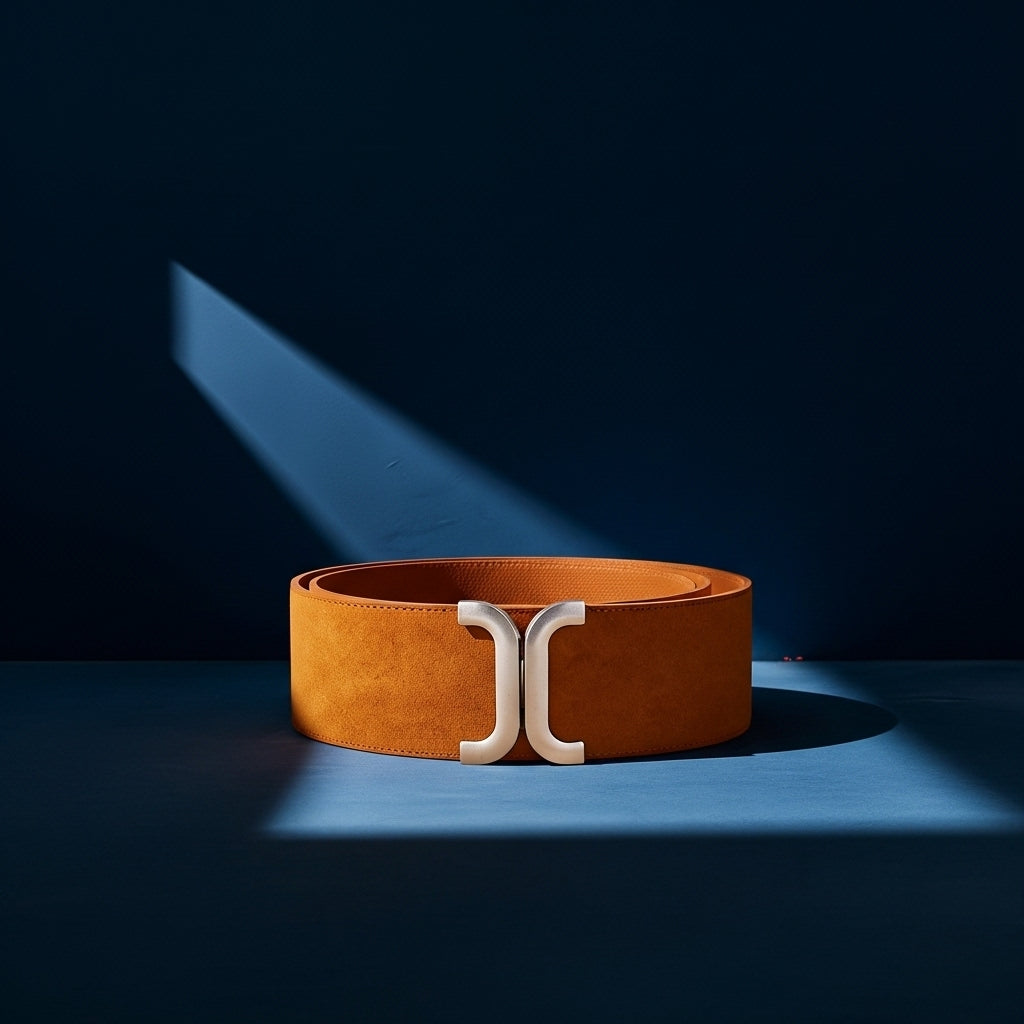 Ceinture Célia extra large en cuir de vachette tanné daim orange, avec boucle double en C argentée #fullwidth