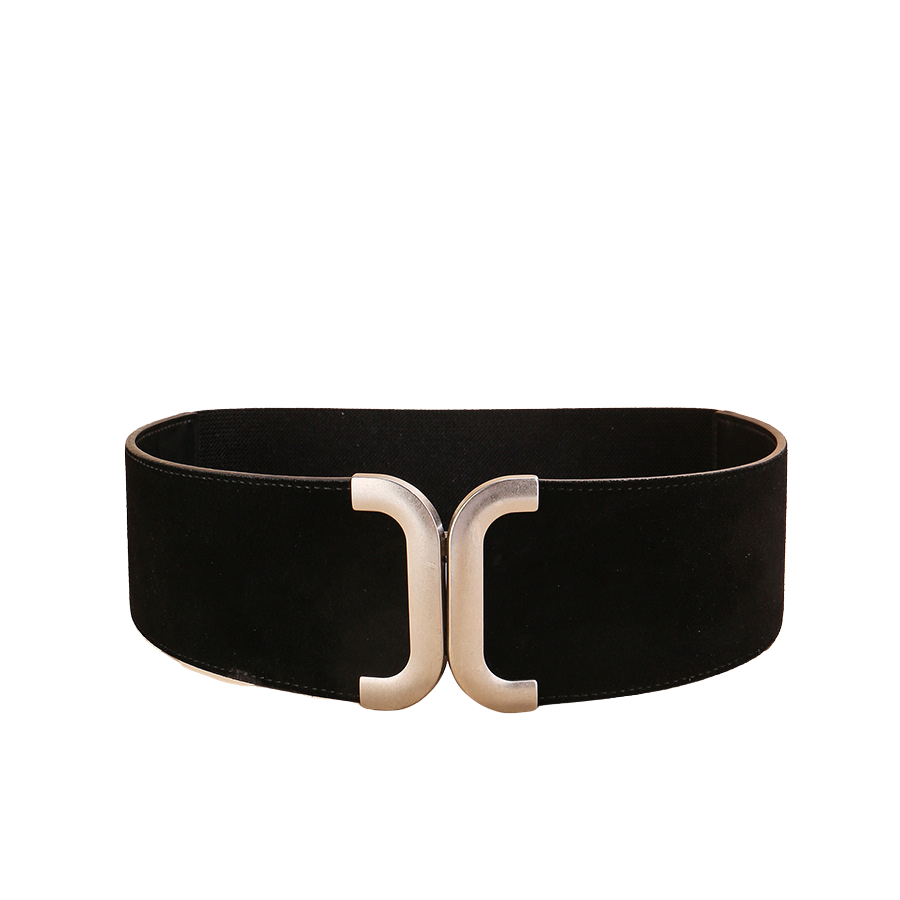 Ceinture Célia noire en cuir refendu avec boucle argentée double C et finition daim