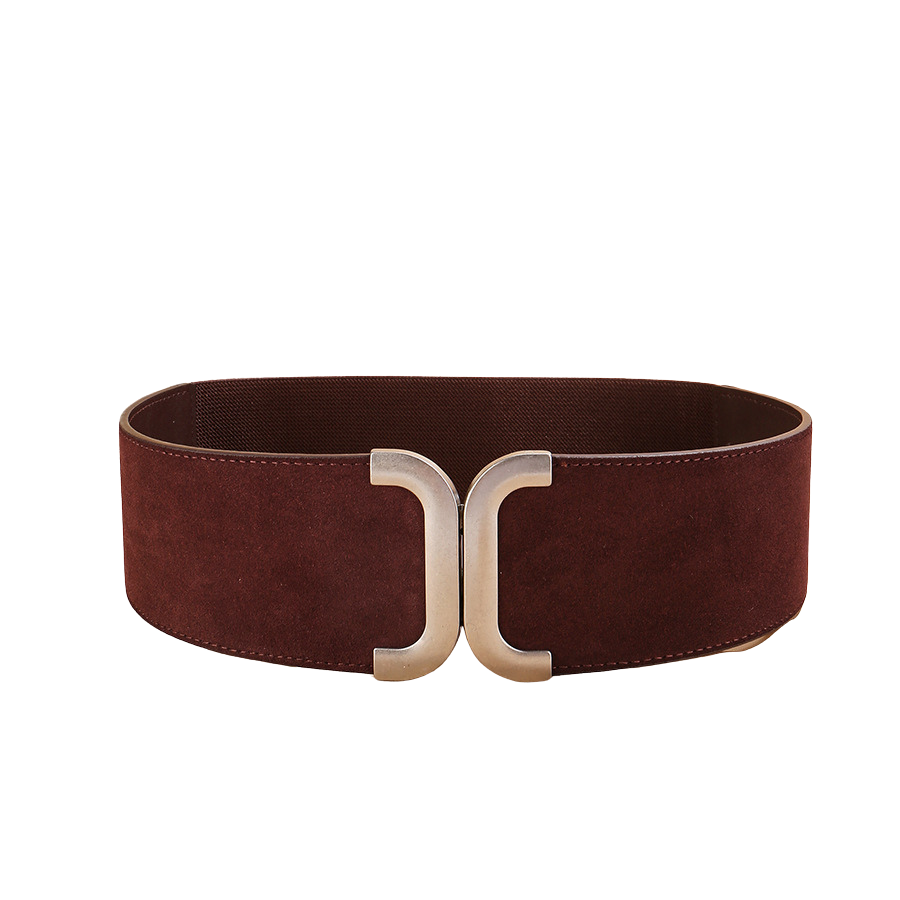 Ceinture Célia large en cuir refendu marron foncé aspect daim avec boucle argentée double C, fermeture sans trou et dos élastique.
