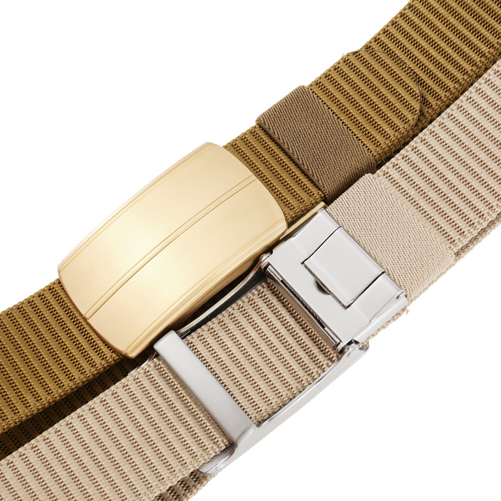 Ceinture Cézanne en tissu texturé avec boucle automatique rectangulaire dorée et argentée, couleurs disponibles : beige et kaki #fullwidth