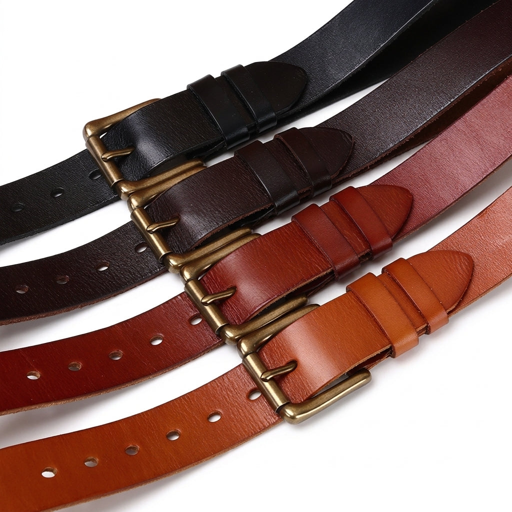 Collection de ceintures pour homme Villandry en cuir de vachette pleine fleur avec boucle ardillon en cuivre, déclinées en quatre nuances de brun, du noir au cognac.