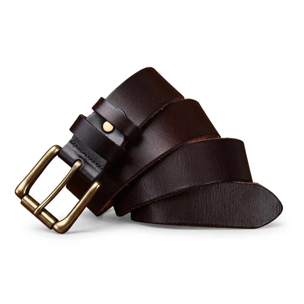 Ceinture homme Villandry en cuir pleine fleur marron avec boucle ardillon carrée en cuivre
