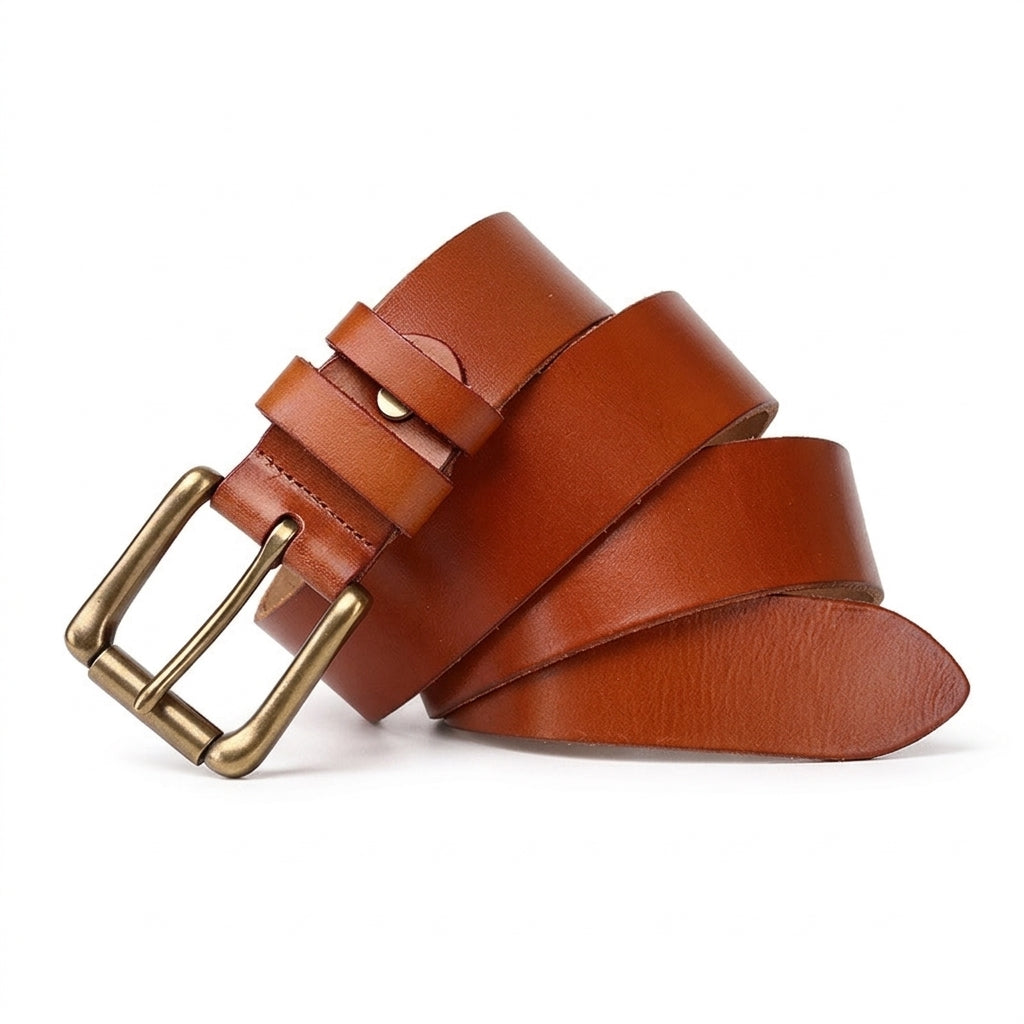 Ceinture homme artisanale Villandry en cuir de vachette pleine fleur couleur marron avec boucle ardillon carrée en cuivre