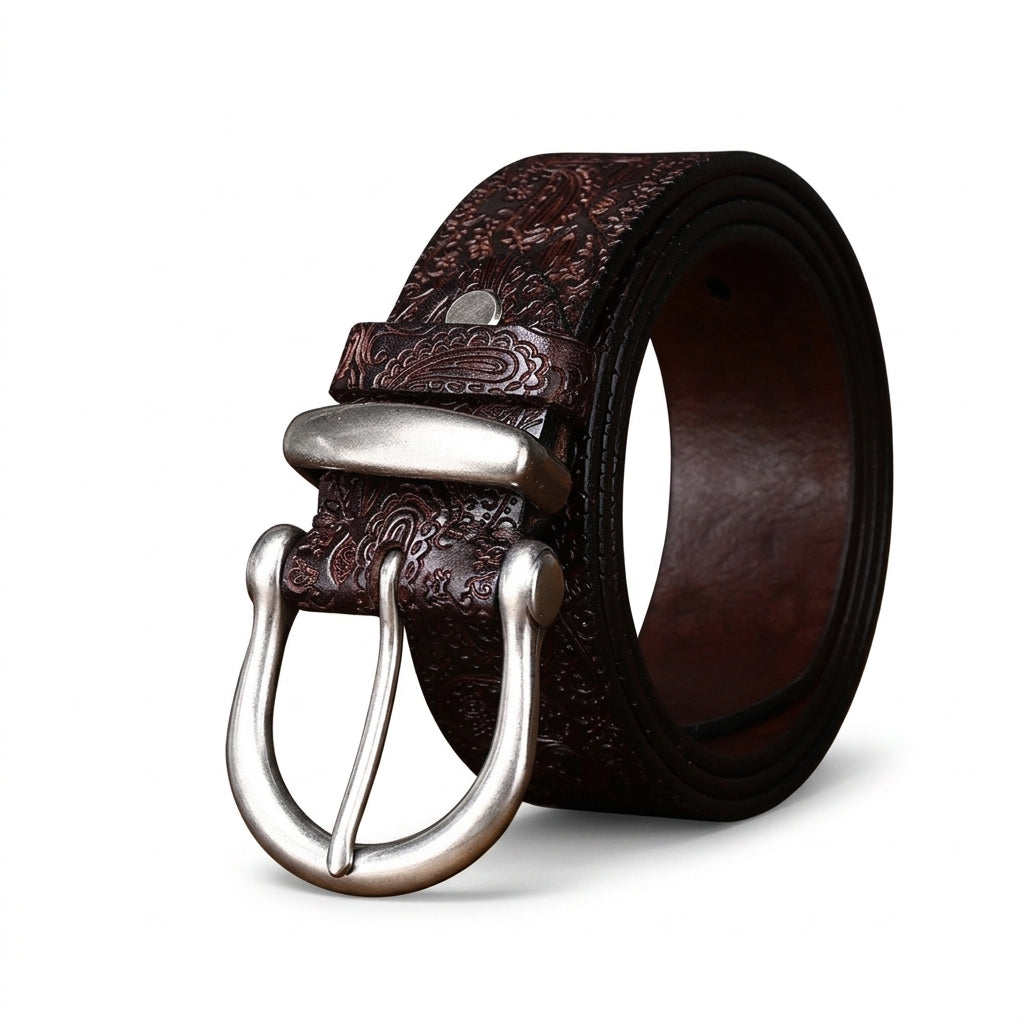 Ceinture homme Talleyrand en cuir pleine fleur marron avec gaufrage baroques et boucle ardillon en alliage argenté brossé