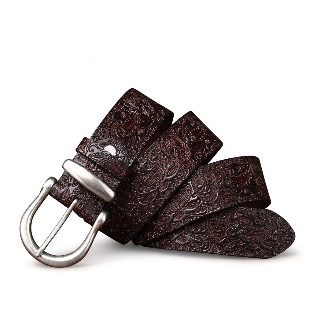 Ceinture homme Talleyrand en cuir pleine fleur marron avec gaufrage sculpté style baroque et boucle ardillon en alliage argenté brossé