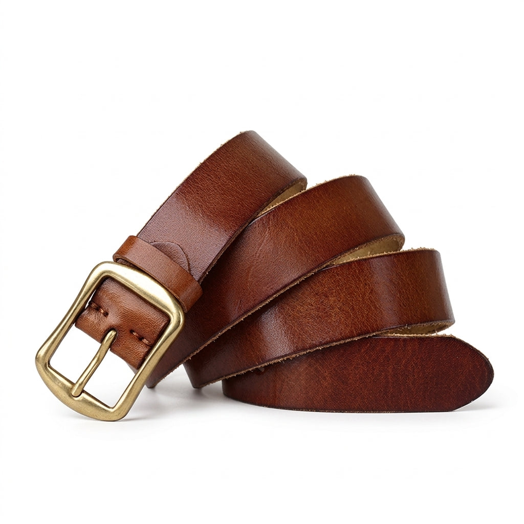 Ceinture Valençay en cuir de vachette pleine fleur marron vieilli avec boucle ardillon en cuivre doré