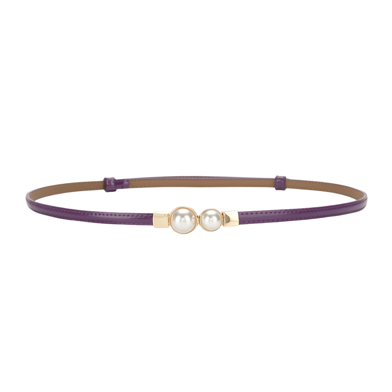 Ceinture fine Chamonix violet foncé en cuir de vachette avec deux perles nacrées et boucle dorée