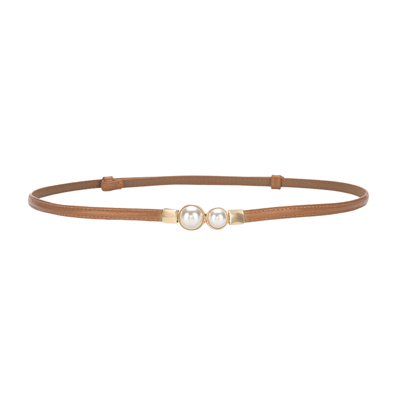Ceinture fine marron Chamonix en cuir de vachette avec deux perles blanches et boucle dorée