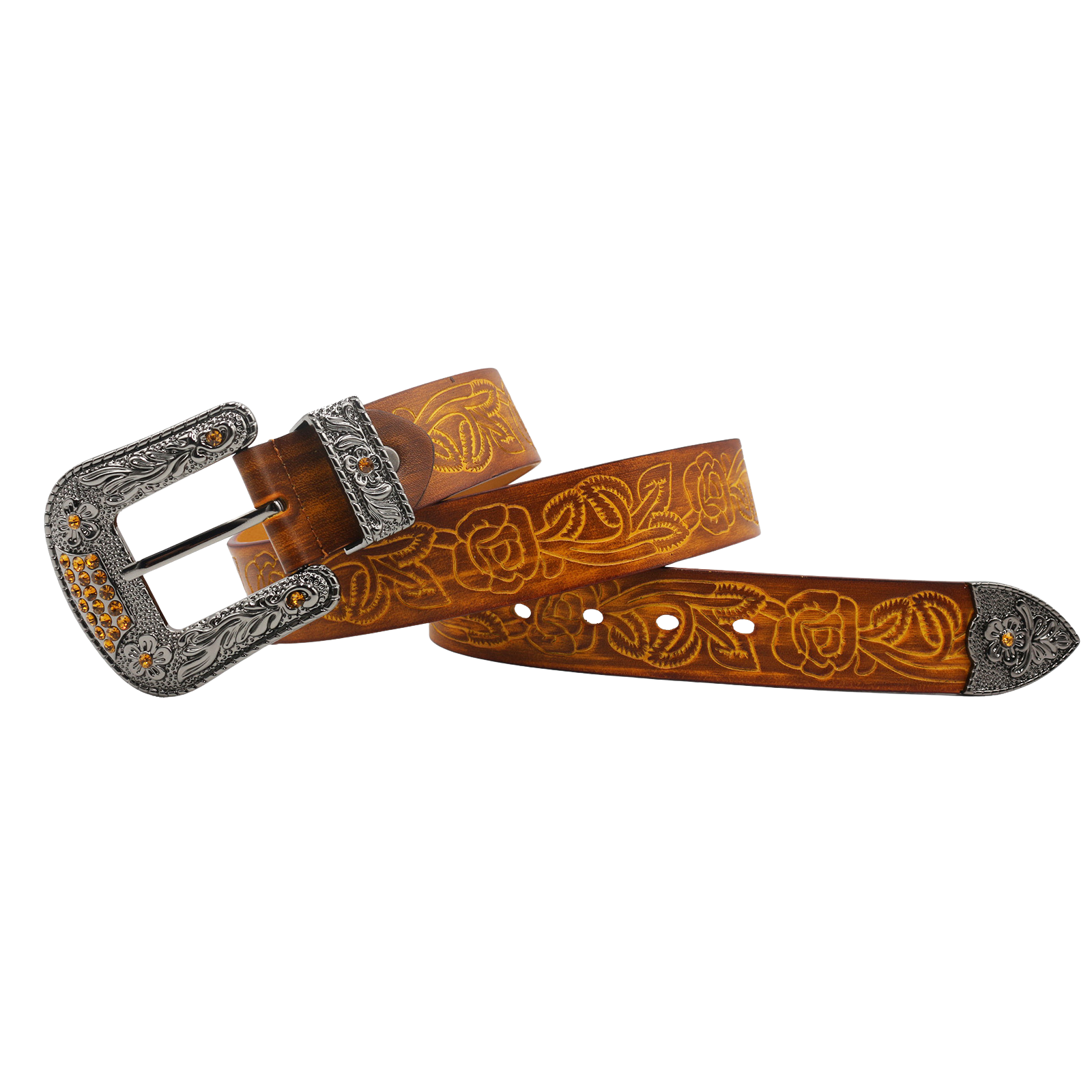 Ceinture pour homme Chardon en cuir marron avec motif floral embossé et boucle ardillon argentée ornée de strass. #fullwidth