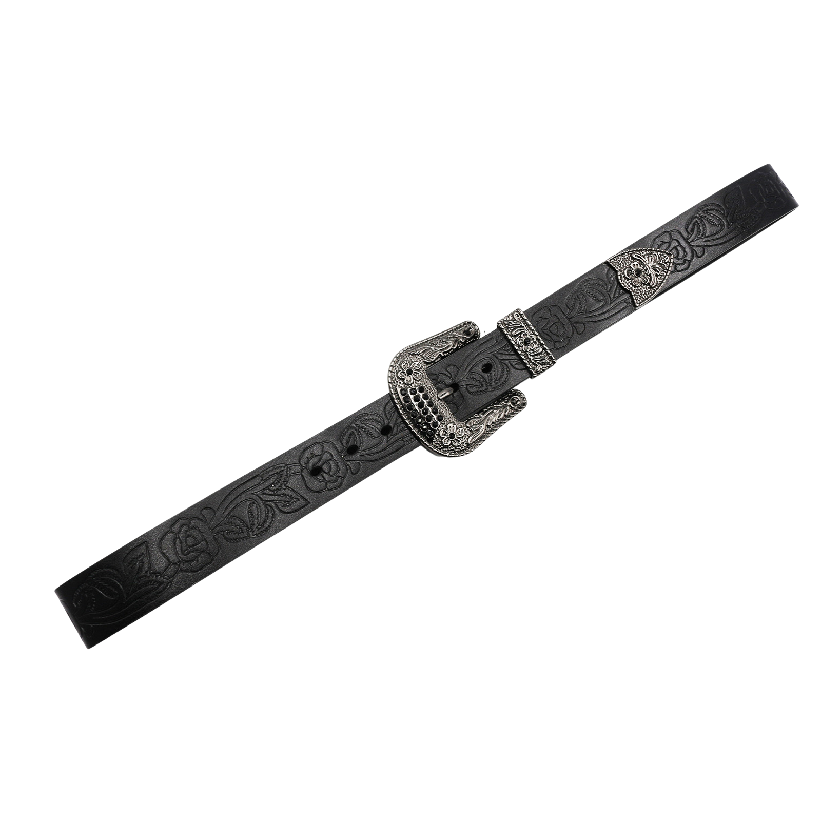 Ceinture pour homme Chardon en cuir noir avec motif floral embossé et boucle ardillon argentée ornée d'un strass #fullwidth