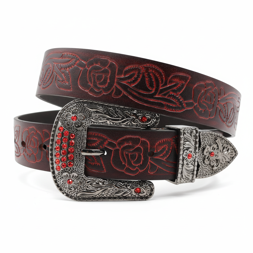 Ceinture homme Chardon en cuir bordeaux avec motif floral embossé de roses et boucle ardillon argentée ornée de strass rouges.