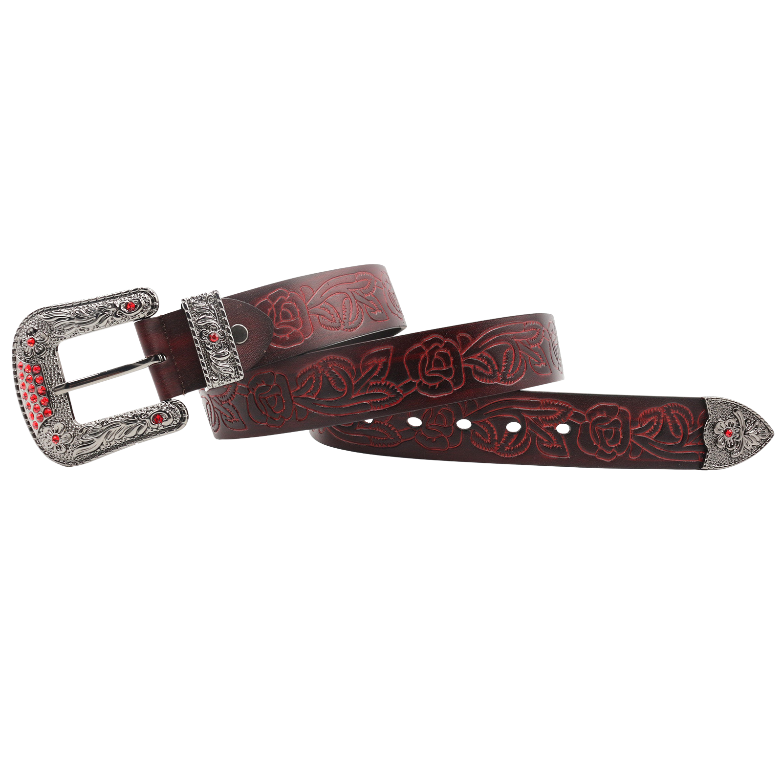 Ceinture western Chardon pour homme en cuir pleine fleur texturé rouge avec motif floral embossé et boucle argentée ornée de strass rouges. #fullwidth