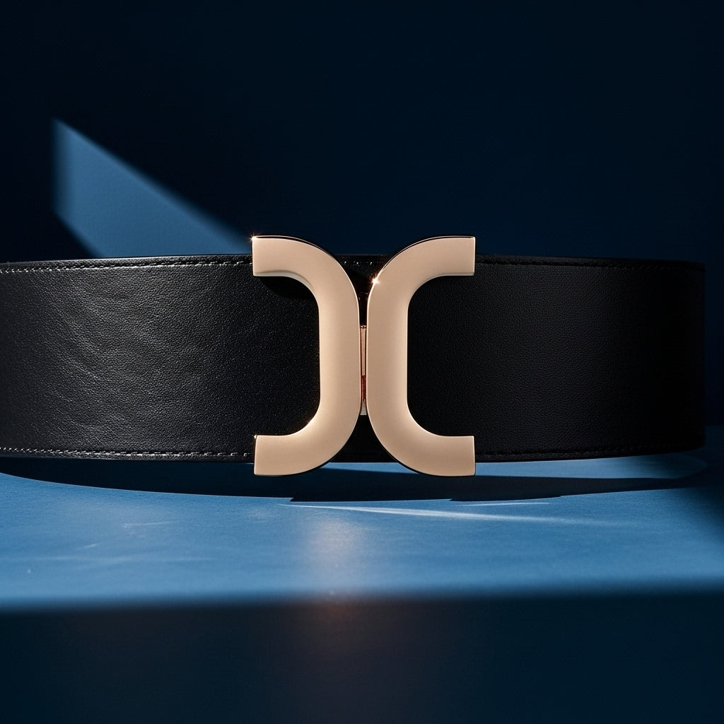 Ceinture noire en cuir pour femme, modèle Charisma, avec une boucle dorée en forme de double C incurvée. #fullwidth