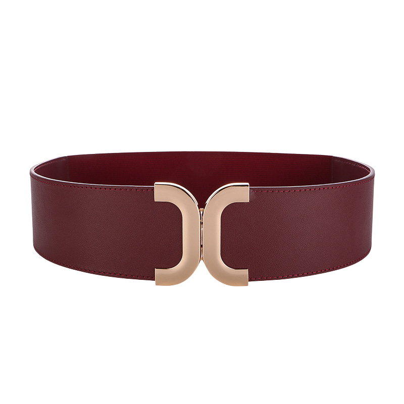 Ceinture large en cuir bordeaux pour femme, modèle Charisma, avec boucle dorée double C incurvée et finition brillante. Vue de face sur fond blanc.