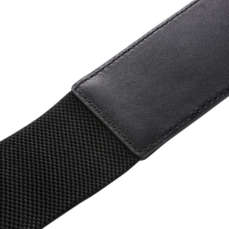 Ceinture Charisma noire en cuir et tissu élastique, vue rapprochée sur la matière et la couture.