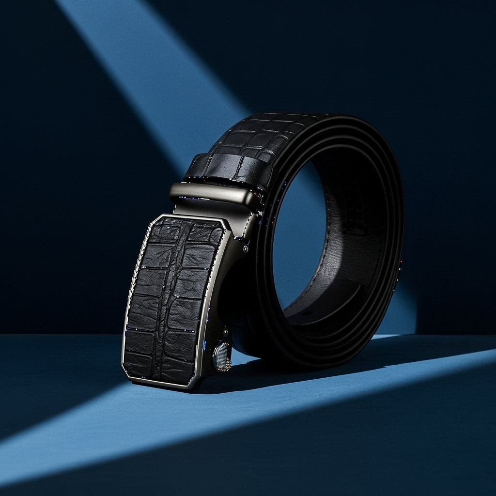 Ceinture Charles pour homme en cuir pleine fleur noir avec motif crocodile embossé et boucle automatique rectangulaire en métal zinc argenté, sur fond bleu #fullwidth
