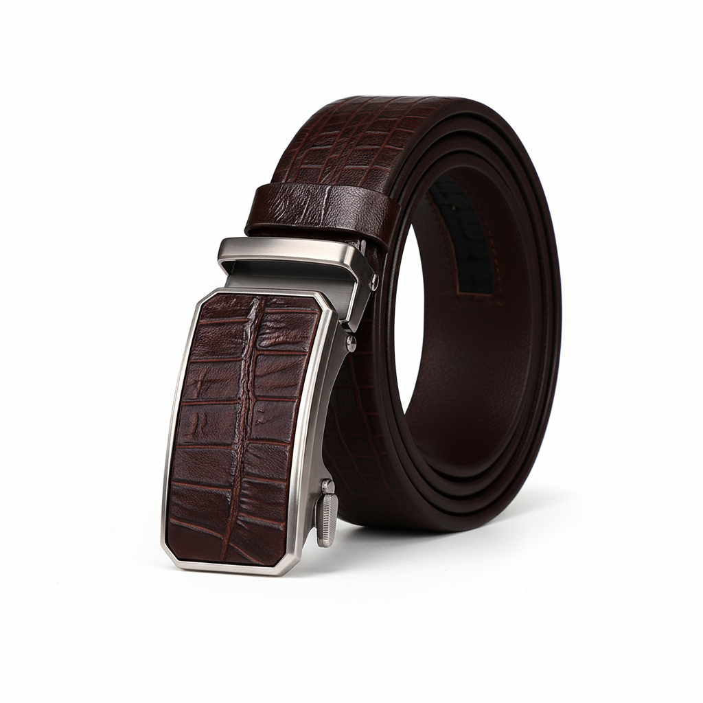 Ceinture homme Charles en cuir marron avec texture crocodile embossée et boucle automatique argentée