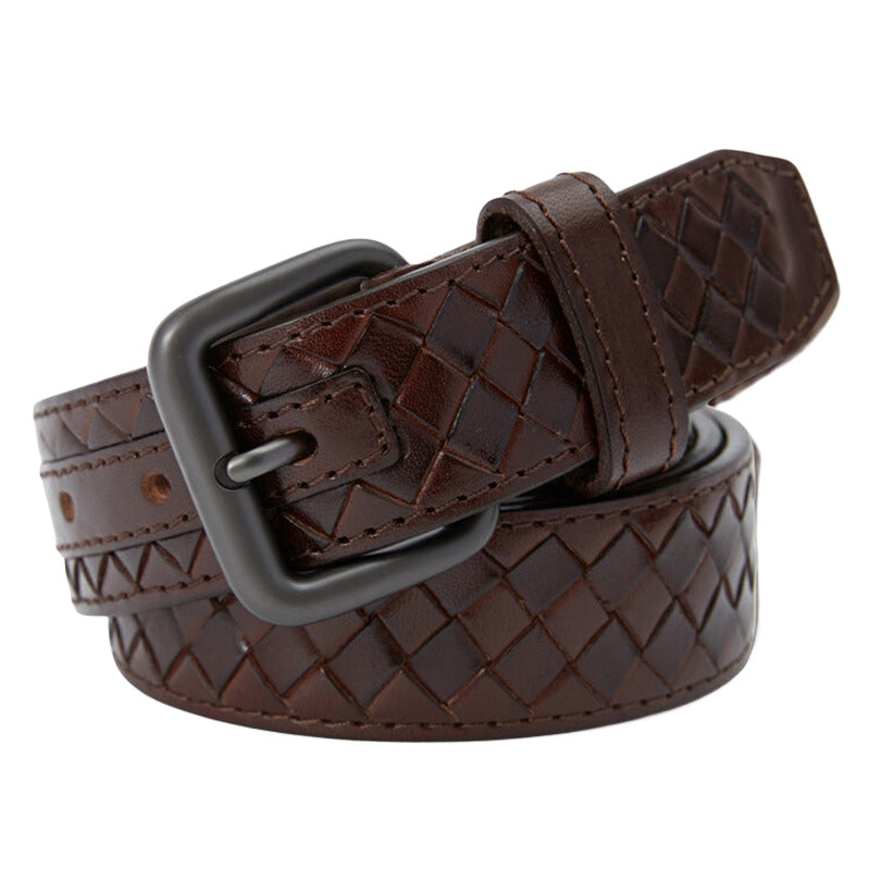 Ceinture en cuir marron tressé pour homme, modèle Charonne, avec boucle ardillon carrée grise.