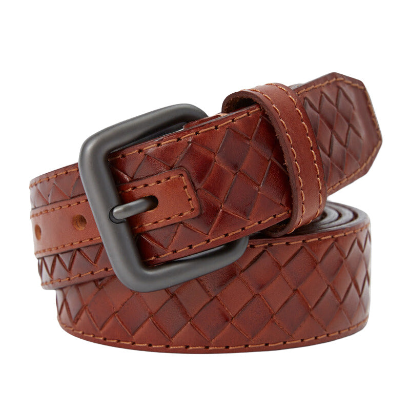 Ceinture homme Charonne en cuir marron tressé avec boucle ardillon carrée grise.